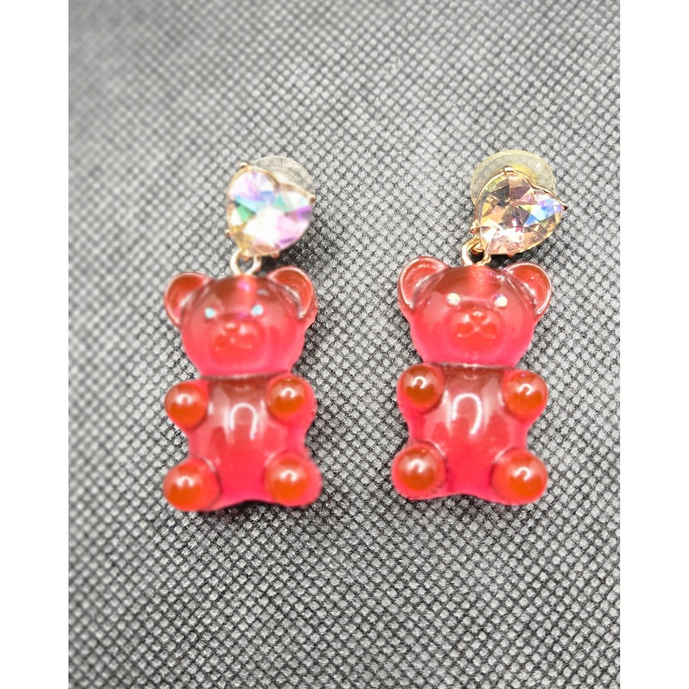 Betsey Johnson Red Gummy Bear Heart Crystal Drop Earrings Gold Tone Whimsical